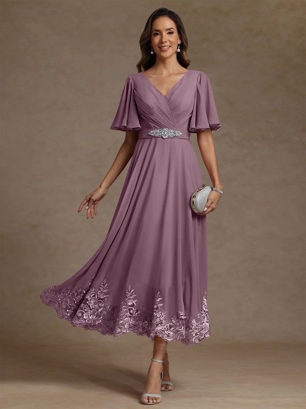 Purple V-Neck A-Line bridesmaid Dress Short Sleeve Lace Hem Beaded Waist 16