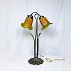 Vintage Art Nouveau Amber Green Frosted Glass Brass Twisted Double Lily Lamp
