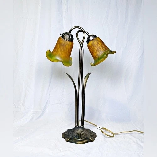 Vintage Art Nouveau Amber Green Frosted Glass Brass Twisted Double Lily Lamp