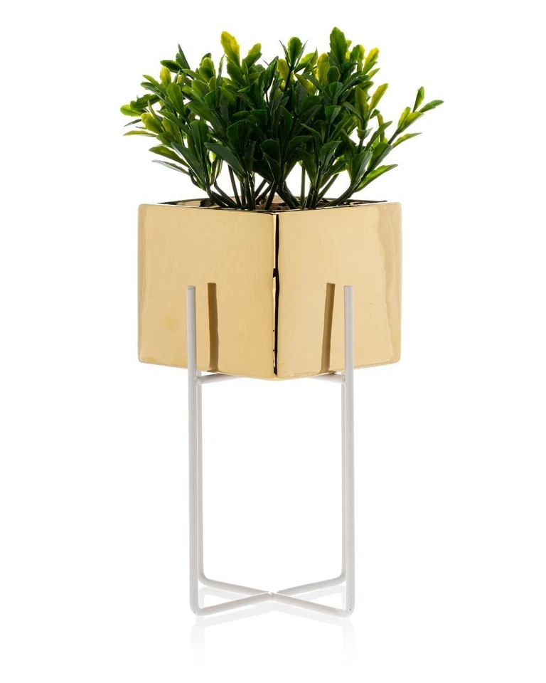 HowHomely Blumentopf Pflanzentopf mit Ständer 2er Set gold weiß Glamour Deko - Bild 4 von 4