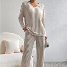 2 Piece Womens Outfits Knitted V-neck Pullover Top and Sweatpants Lounge Sets