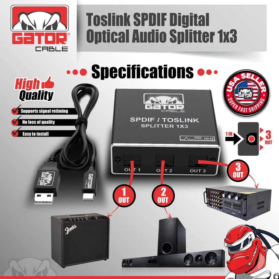 Toslink Optical Fiber Digital Audio Splitter Adapter SPDIF 3-Port 1x3 1-In 3-Out - Image 2 of 4