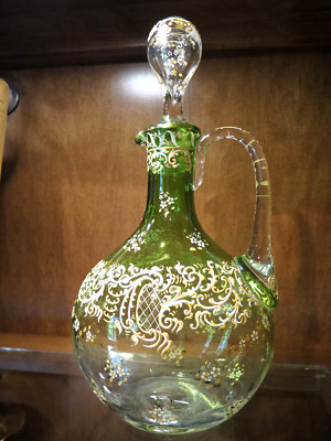 DECANTER Spring GREEN Enamel Moser Style Glass Antique Carafe White Yel* Stopper