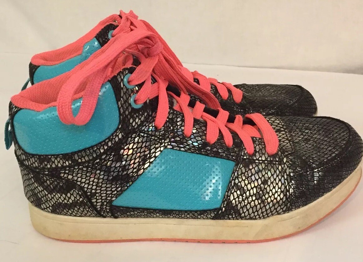 Womens Black/ Silver /Aqua Tennis Shoes With Pink Shoe Strings OP