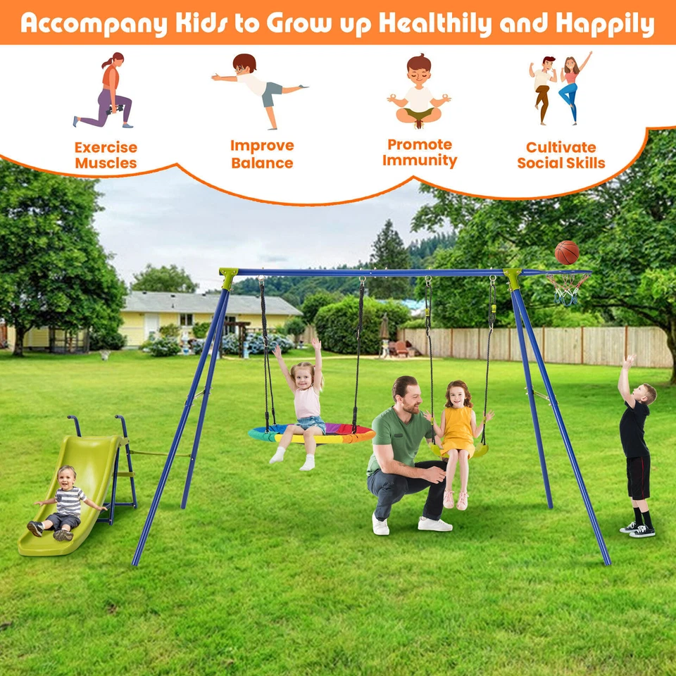 4-in-1 Outdoor Kids Swing Set Heavy-Duty Backyard Metal Playset with Slide - Image 3 of 4
