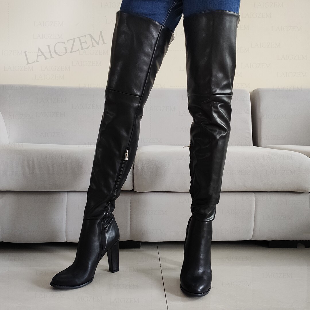 Women Thigh High Boots Thick Heels Faux Leather Round Toe Boots Over ...