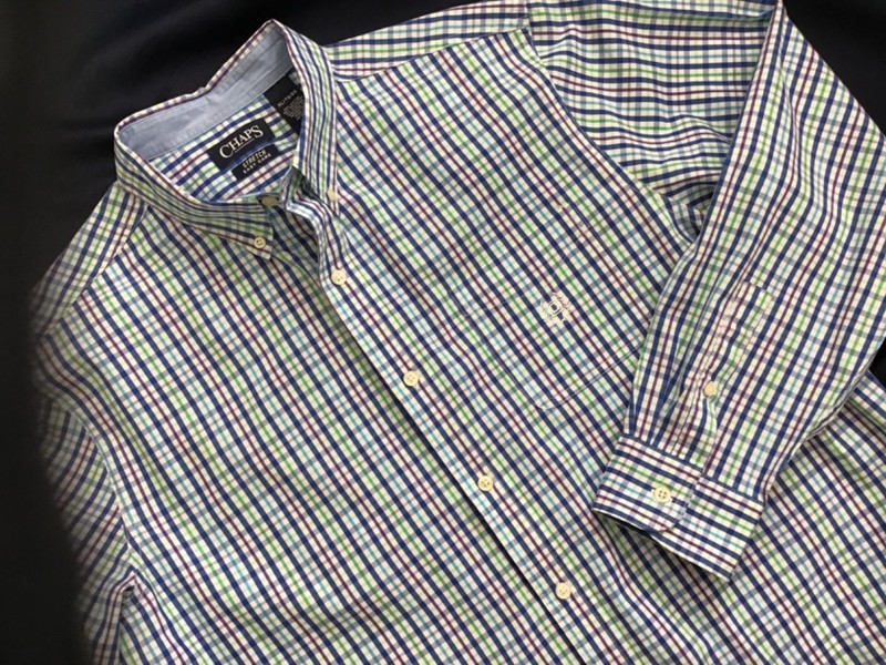 CHAPS men XL long sleeve STRETCH COTTON button up SHIRT plaid BLUE GREEN WHITE
