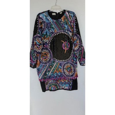 Judith Ann Creations Vintage Sequin Wearable Art Deco Mini Statement Dress Silk