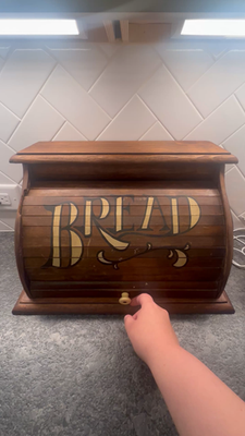 Vintage Antique Dark Wood Wooden Roll Top Bread Box with “BREAD