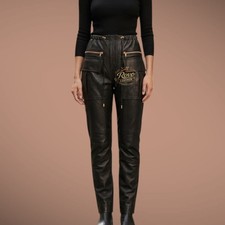 Women's Black Leather Cargo Pants High Waist Slim Fit Zipper Pocket Trousers