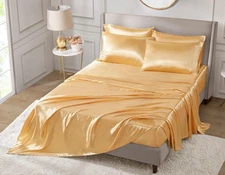 Madison Park Essentials Satin Queen Bed Flat Fitted Pillowcase Sheet Set Gold