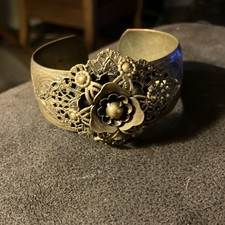 Brass Filigree Floral Cuff Bracelet Bronze Handcrafted Art Jewelry for Women