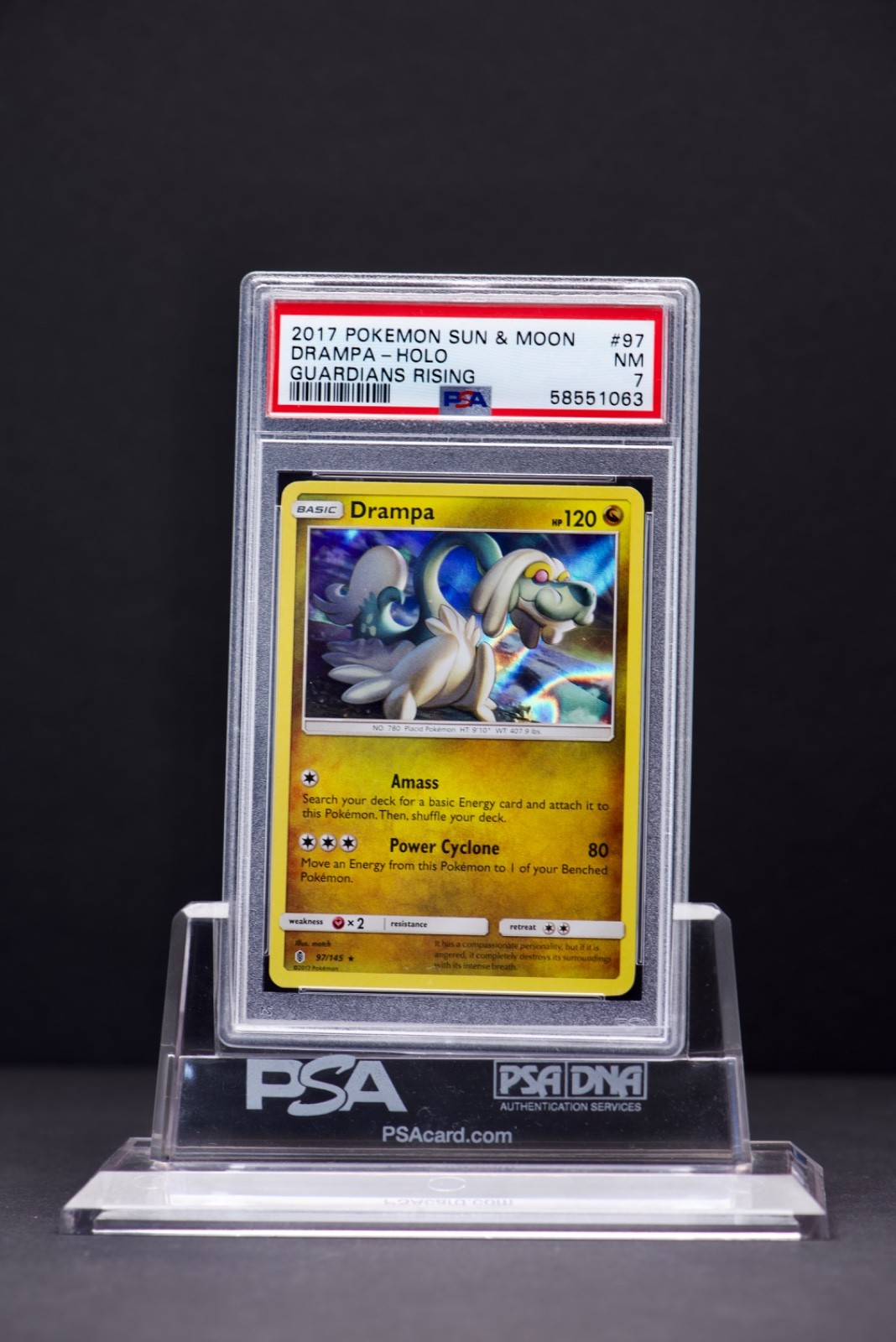 2017 Pokemon Sun & Moon Drampa holo 97 Guardians Rising PSA 7