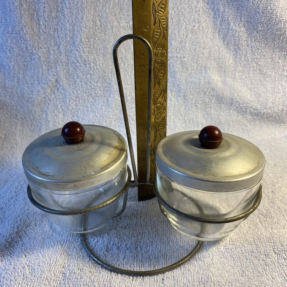 Vintage Glasbake Condiment Jars Metal Carrier 1950s Kitchen Storage Jar Set Deco - Image 4 of 4