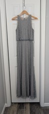 Adriana Papell Women's Size Formal Dress Beaded Gown Maxi Silver Gray Long