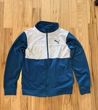 Puma Boys Track Jacket Full Zip Blue White Logo Athletic Size L 14-16