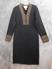 Vintage Ami Knits Sweater Dress Womens 10 Black V-Neck Gold Trim Made USA