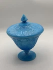 Vintage Federal Sharon Cabbage Rose Opalescent Blue Lidded Candy Dish
