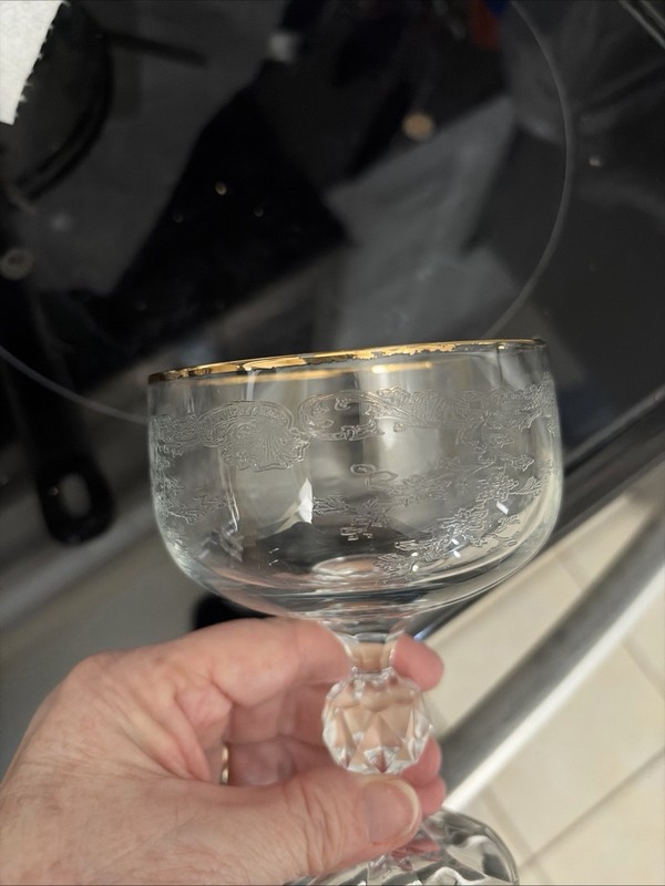 4 Vtg Bohemia Czech Crystal Queen's Lace  Gold Trim Etched Champagne Glasses