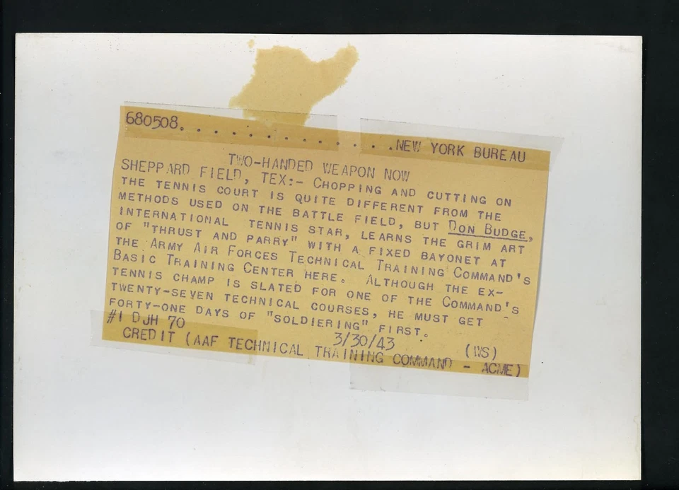 Don Budge Tennis star learns Army method of Thrust & Parry 1943 Press Wire Photo - Image 2 of 2