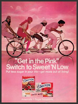 Sweet 'N Low 1980s Print Advertisement 1981 Riding Tandem Bicycle ''Get in Pink''