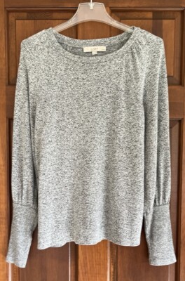 Loft Grey Puff Long Sleeve Marled Knit Pullover Sweater Pre