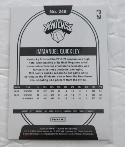 2020-21 Panini Hoops Immanuel Quickley Rookie New York Knicks #249 - Picture 2 of 2