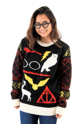 Adult Movie Harry Potter Owl Deathly Hallows Sign Black Ugly Christmas  Sweater