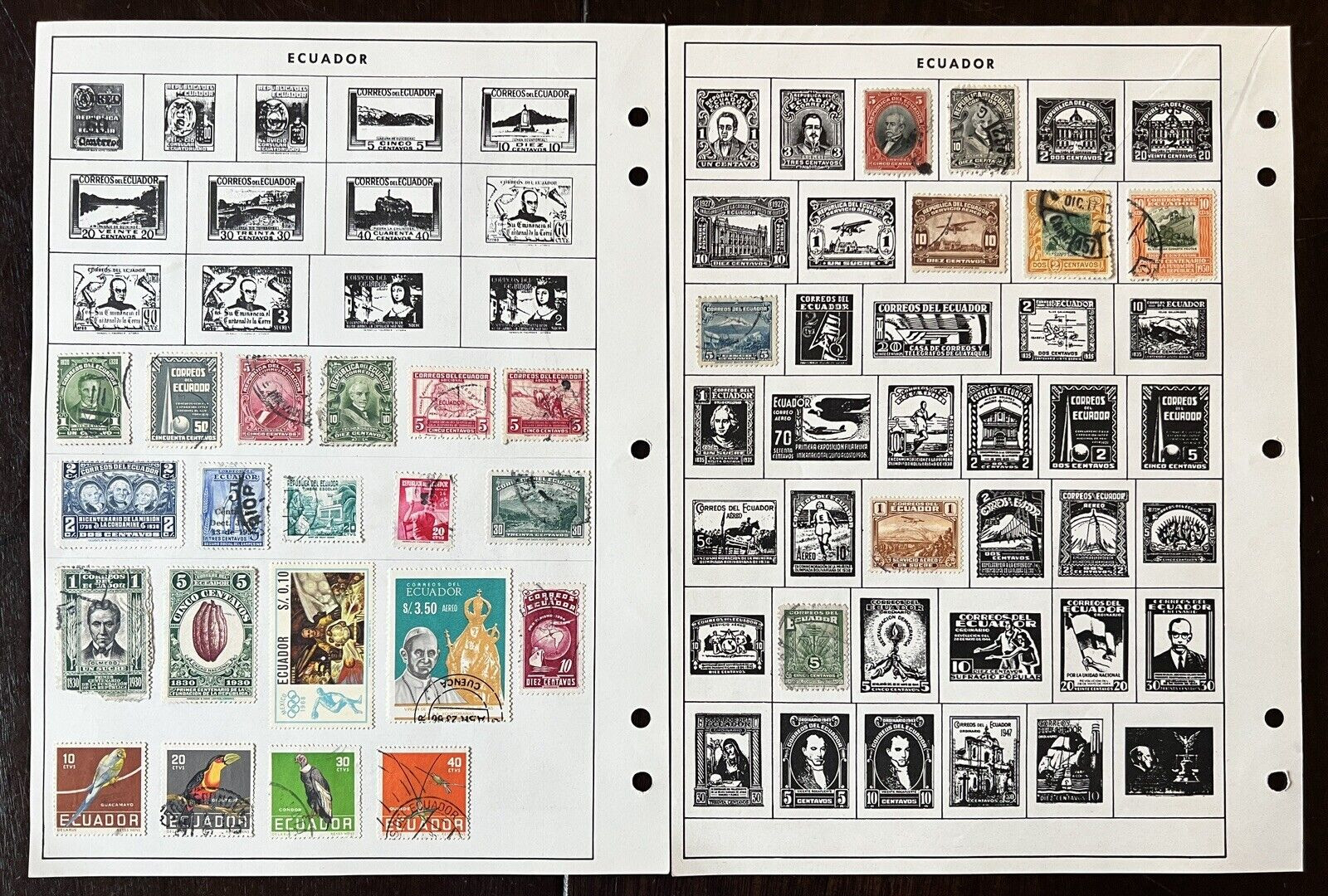 ECUADOR STAMPS ON ALBUM PAGES PLANES, BOAT, MAP, OVERPRINT