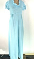 VTG ILGWU Womens Puff Sleeves Ruffled Tie Waist Knitted Blue Maxi Dress Size 11