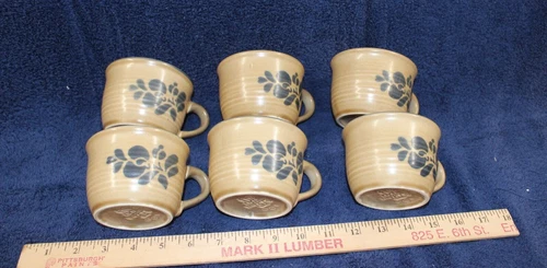 Pfaltzgraff Folk Art - 6 Coffee Cups #100- Tan and Blue