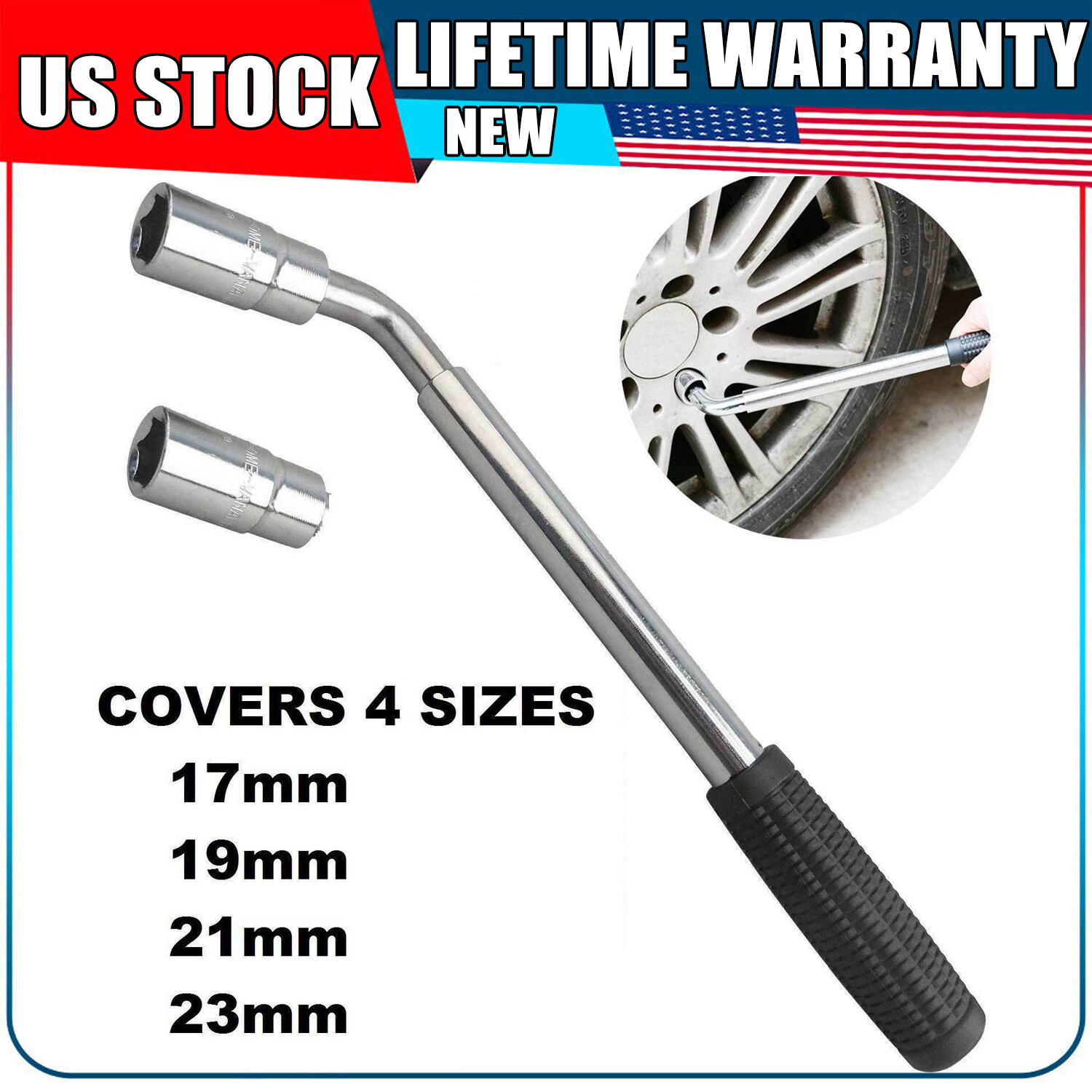 Extendable Wheel Lug Nut Wrench 17/19/21/23MM Socket Car Tire Iron Garage Tools