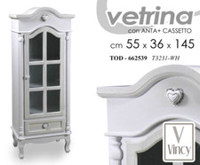 MOBILE VETRINA ANTA CASSETTO SHABBY CHIC CUORE LEGNO BIANCO VINCY 145*55*36cm
