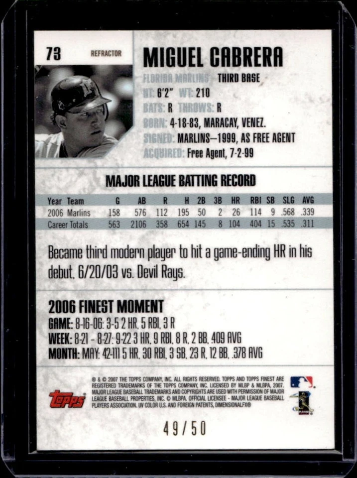2007 Finest Miguel Cabrera Gold Refractor #49/50 - Image 2 of 2