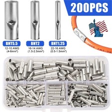 200Pcs 22-10 AWG Bare Copper Wire Splice Butt Connectors Ferrule Crimp Terminals