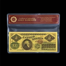 1862 US $2 Red Seal  Gold Foil Banknote With bag and certificate of authenticity