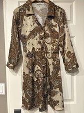 MNG Mango Brand Brown Tan Paisley Mini Dress Size 6 Medium Boho 70s Retro Style