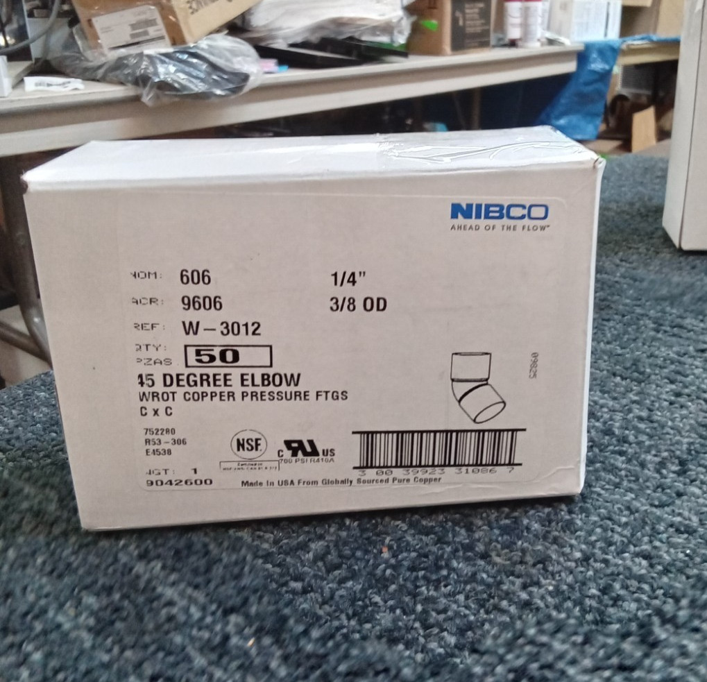 Lot of 50 Nibco 45° Elbow Wrot Copper Pressure Ftg. C x C 1/4" 3/8" OD Nom 606