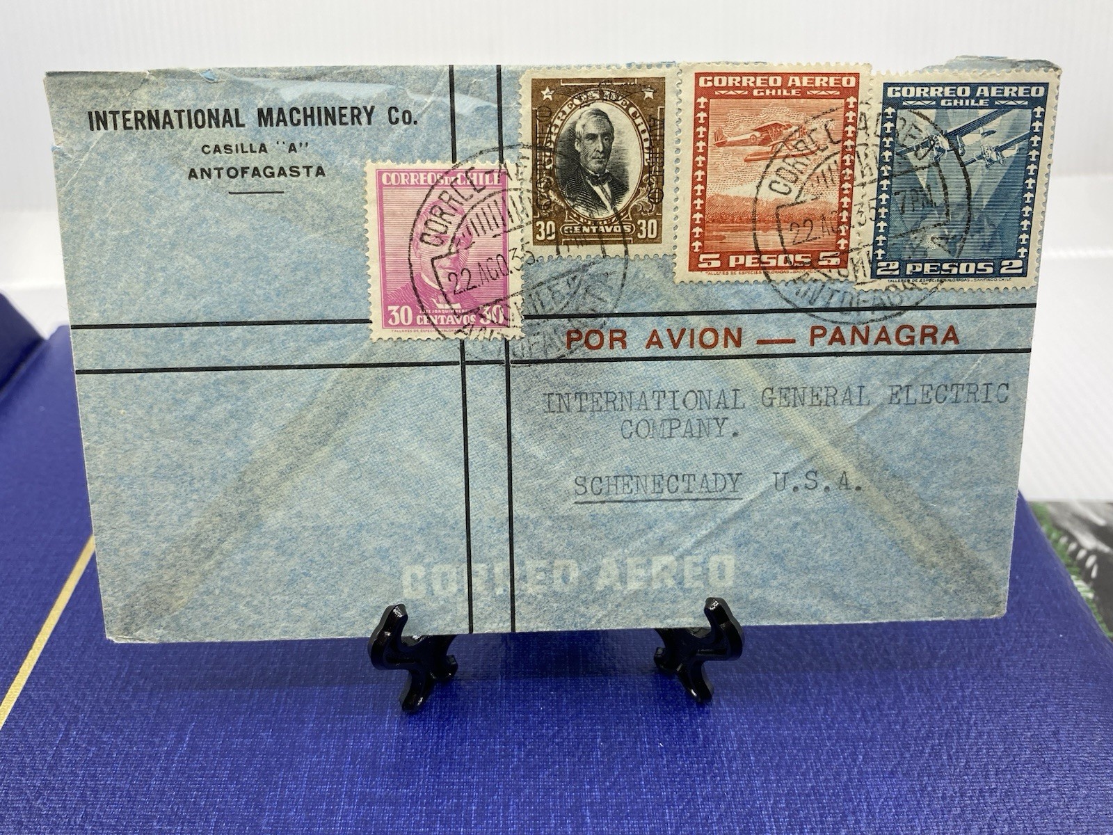 1935 Chile airmail 5P Antofagasta to General Electric, Schenectady, N.Y.