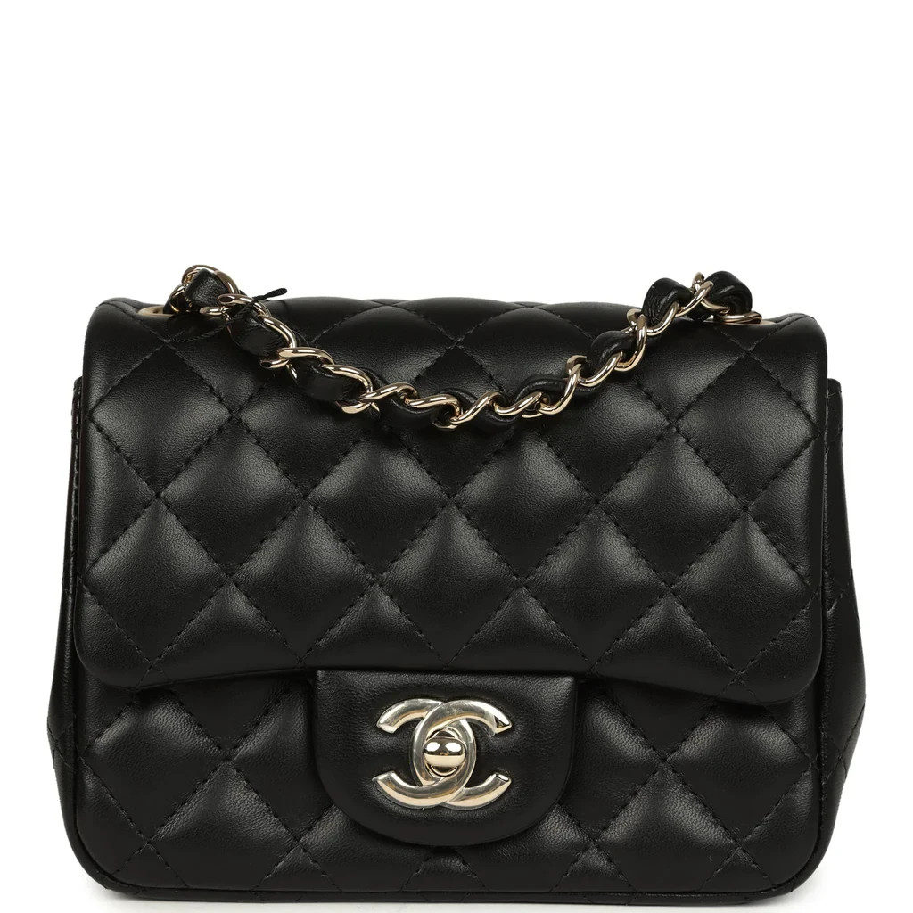 New Rev CHANEL Mini Square Black Lambskin Timeles Classic Flap