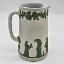 Wedgwood Tall Pitcher Green On White 6" England Jasperware Rare Color 