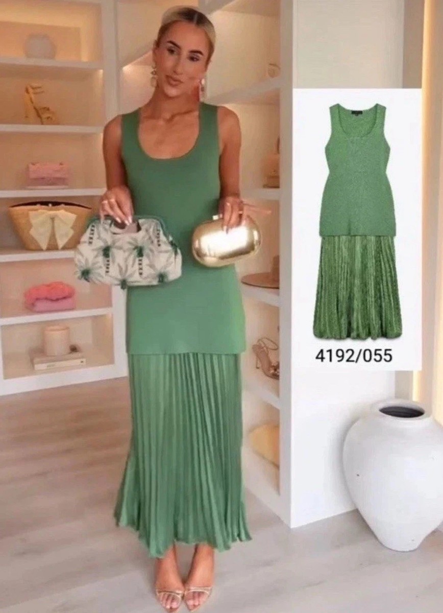 NWT_ZARA WOMAN SS25 LONG PLEATED KNIT COMBINATION DRESS GREEN 4192
