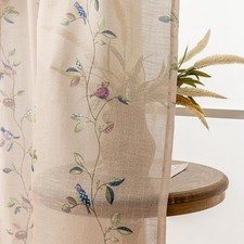 Bird Brown Semi Sheer Curtains for Living Room Patterned Floral Linen Texture...