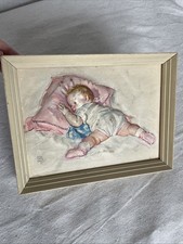 Vtg framed Puffy Print 1930  s Maud Tousey Fangel baby Girl Sleeping 9x7 Litho