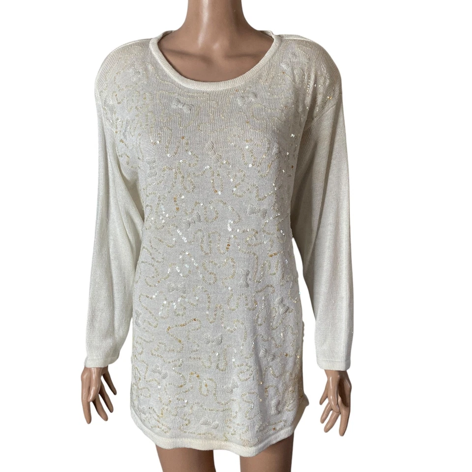Vintage Jaclyn Smith Sweater Womens Large White Iridescent Sequins Pullover  - Image 3 of 4