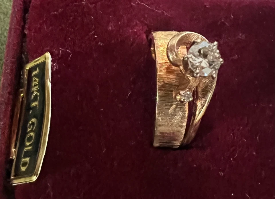 Vintage 1970s 14K Gold Diamond Wedding Set – Engagement & Band – Bands Connected - Image 4 of 4