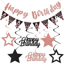Birthday Decorations for Women, Happy Birthday Banner Rose Gold Stars Hangi...