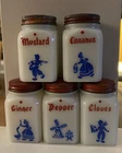 VINTAGE SET 5 MILK GLASS DUTCH THEME SPICE JARS SHAKERS