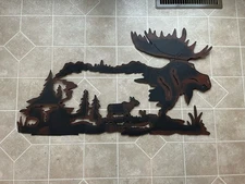 35" Moose Silhouette Metal Wall Art - Folds Up - Browns/Blacks - Woodland Scene