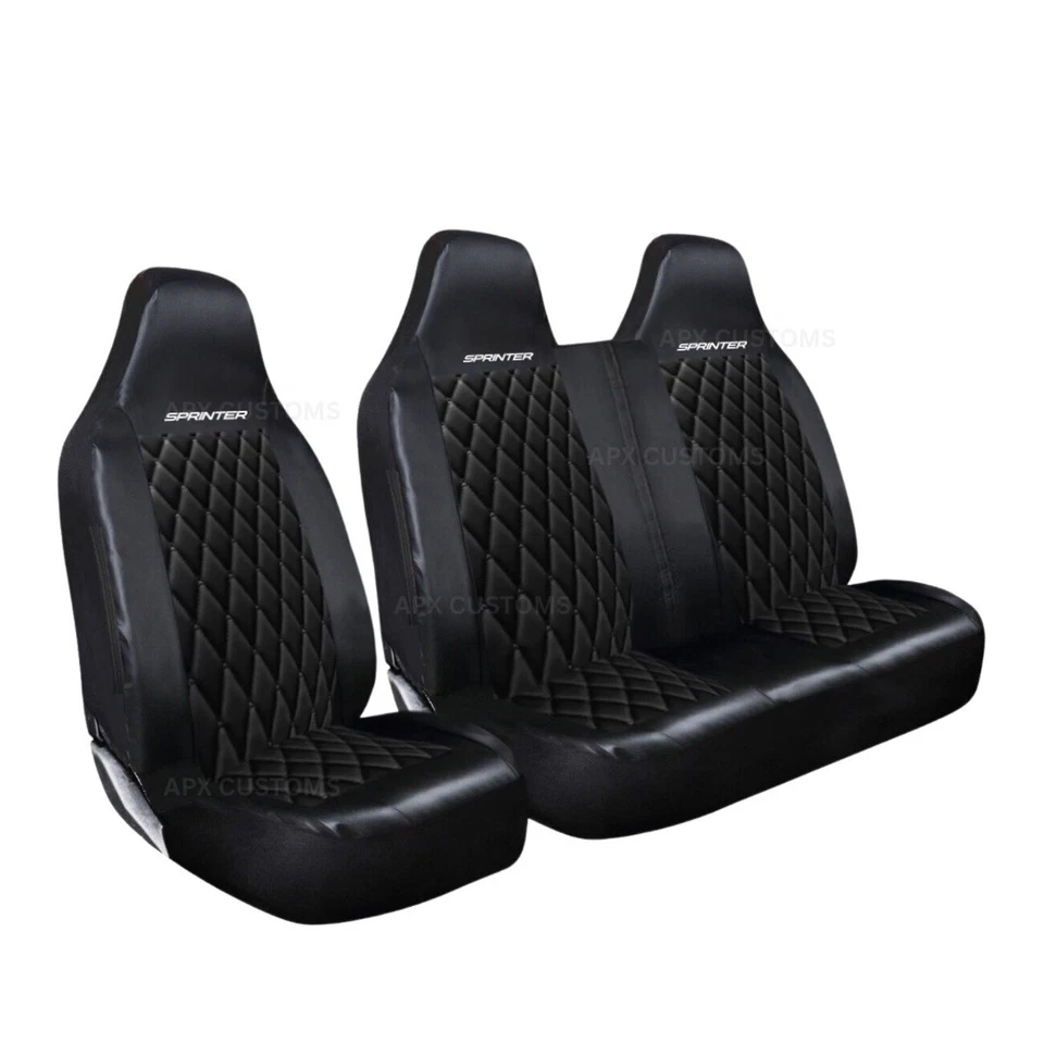 FIT FOR MERCEDES SPRINTER - BLACK QUILTED DIAMOND LEATHER VAN SEAT COVERS 2+1 - Image 2 of 2